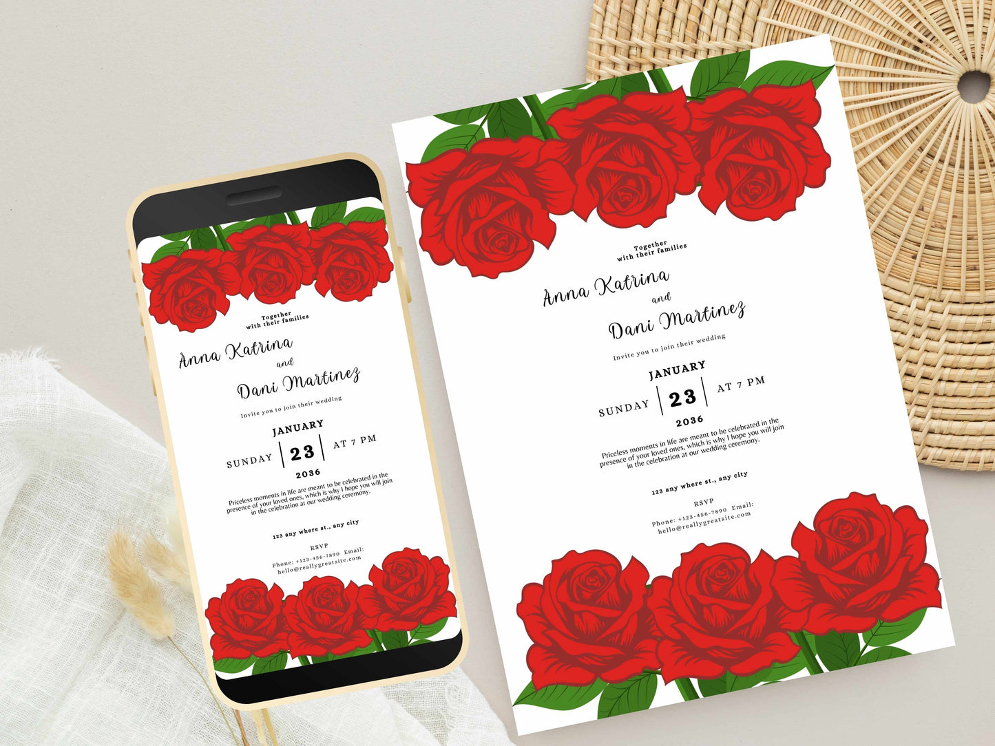 Red Roses Wedding Invite, Floral Wedding, Electronic Wedding Invite, Editable Wedding Template, Red Rose Printable Card. Digital. WEI26