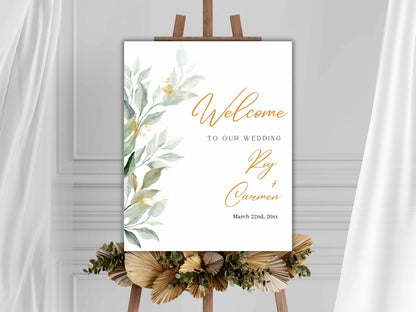 Green Leaves Wedding Welcome Sign Template, Greenery wedding welcome sign printable, Wedding welcome sign download. WS10