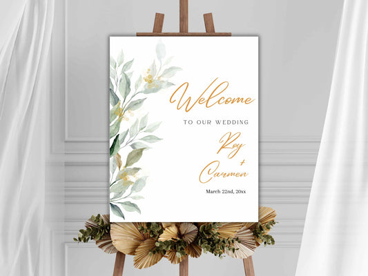 Green Leaves Wedding Welcome Sign Template, Greenery wedding welcome sign printable, Wedding welcome sign download. WS10