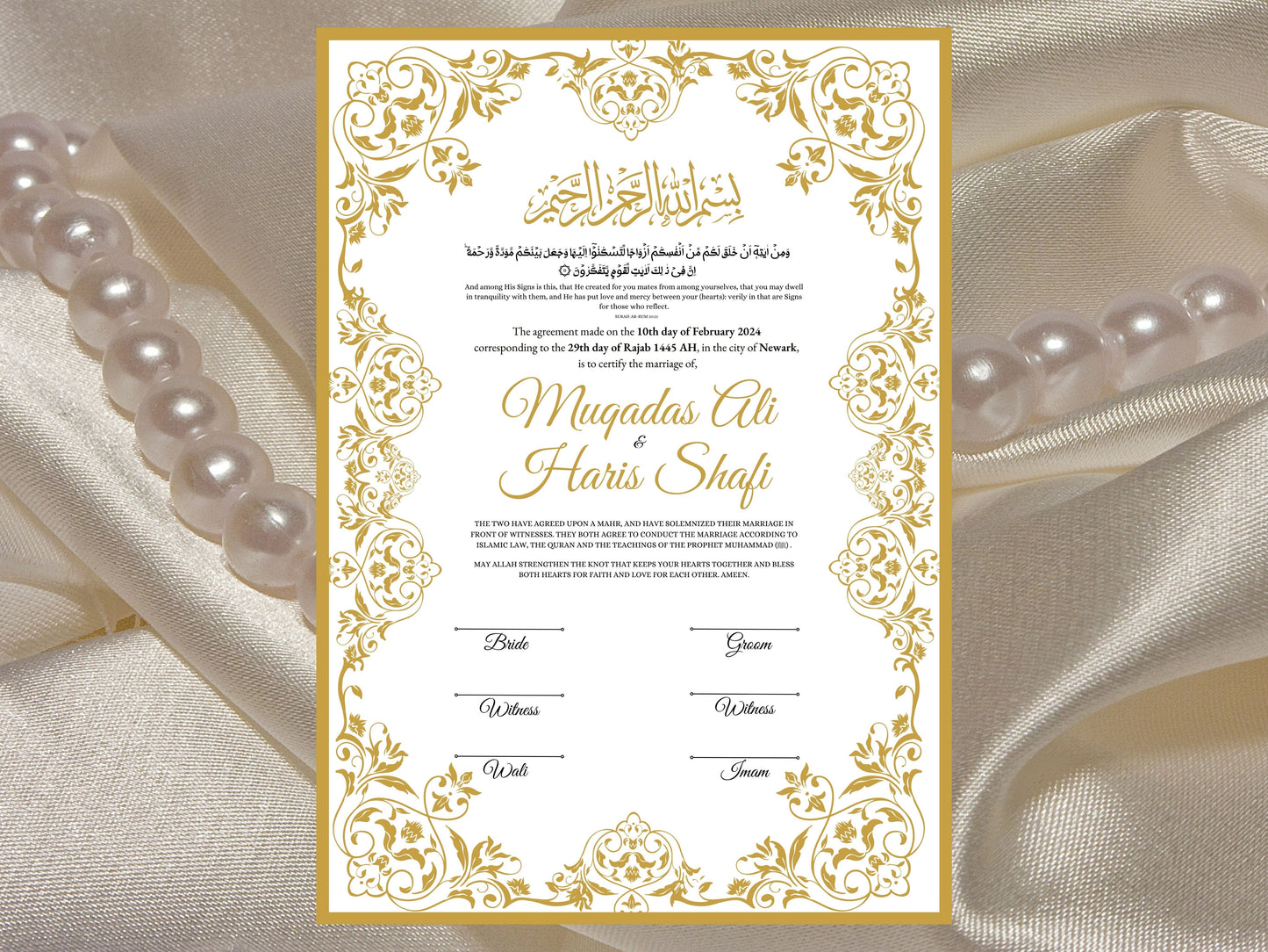 Luxury Nikkah Certificate, Premium A4 Islamic Wedding Contract, Nikkah Nama, Muslim Marriage Certificate, Personalised Names, A4, A3. NN46