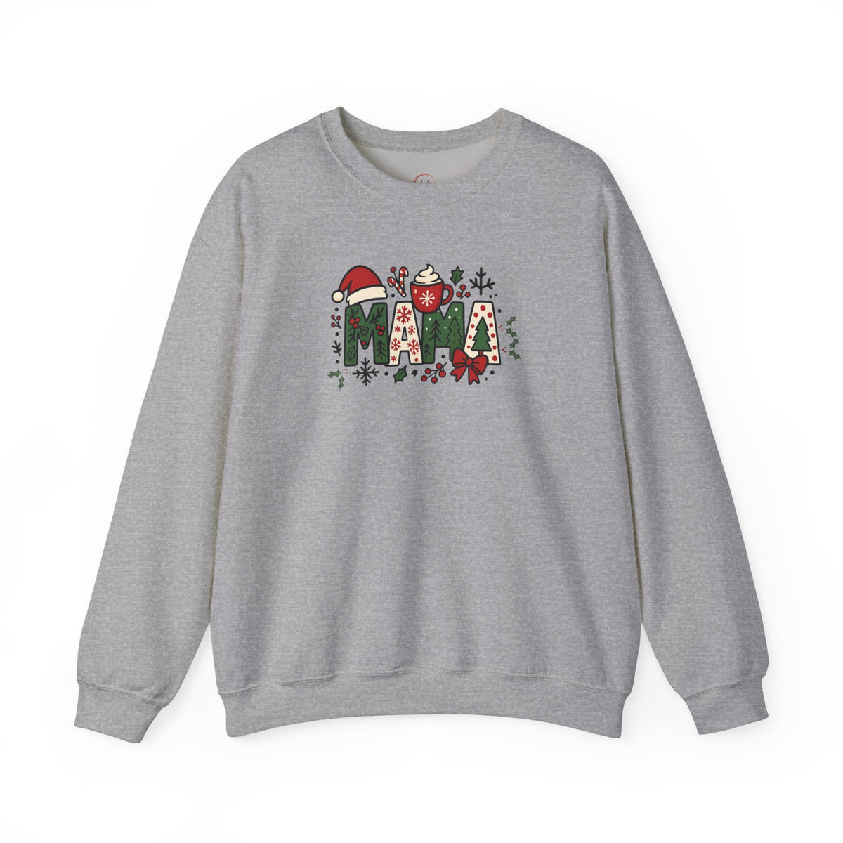 A heather gray crewneck sweatshirt featuring a festive Christmas-themed graphic that spells 'MAMA' with holiday decorations, set against a plain white background.