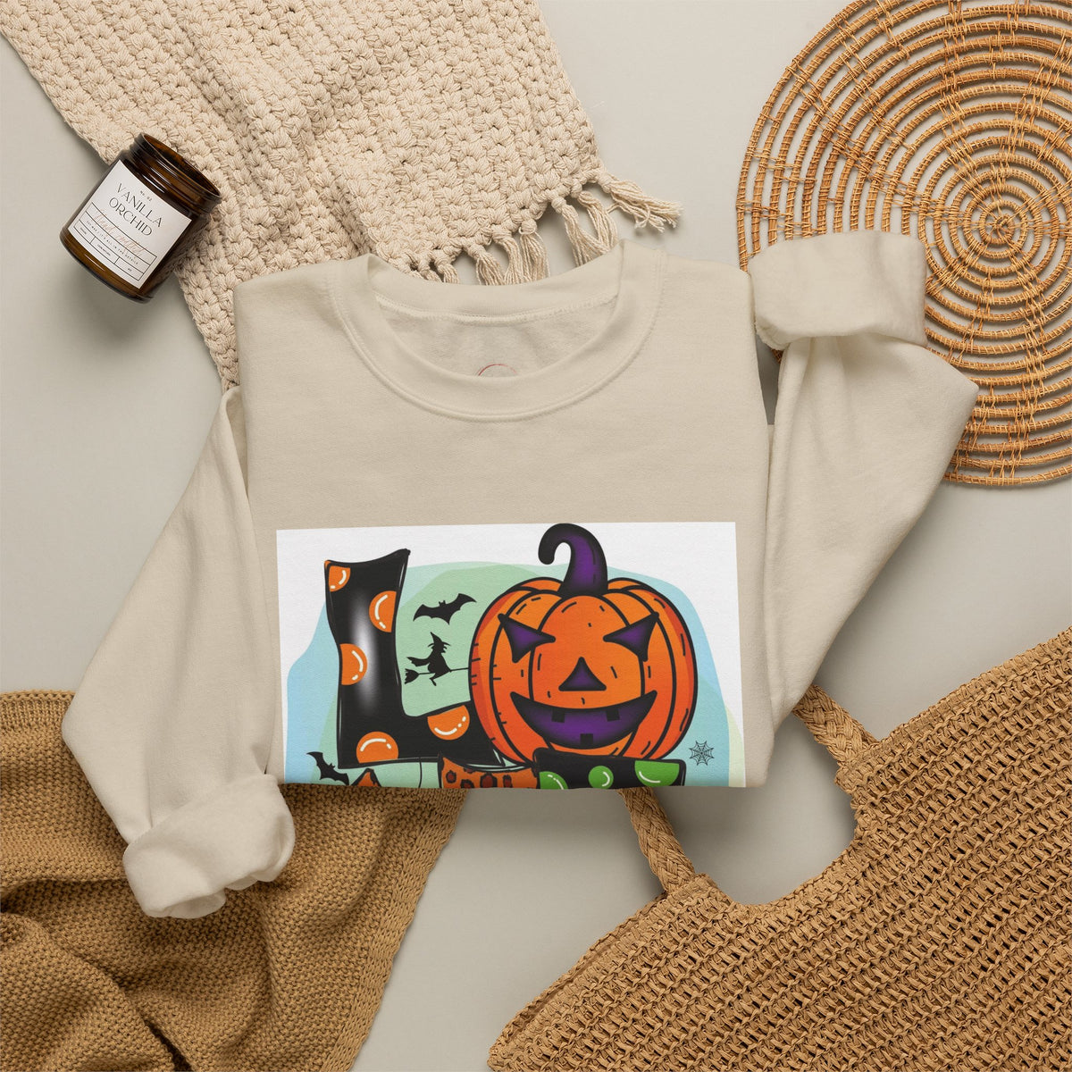 Halloween LOVE Crewneck Sweatshirt — Jack-O'-Lantern & Leopard Print Graphic