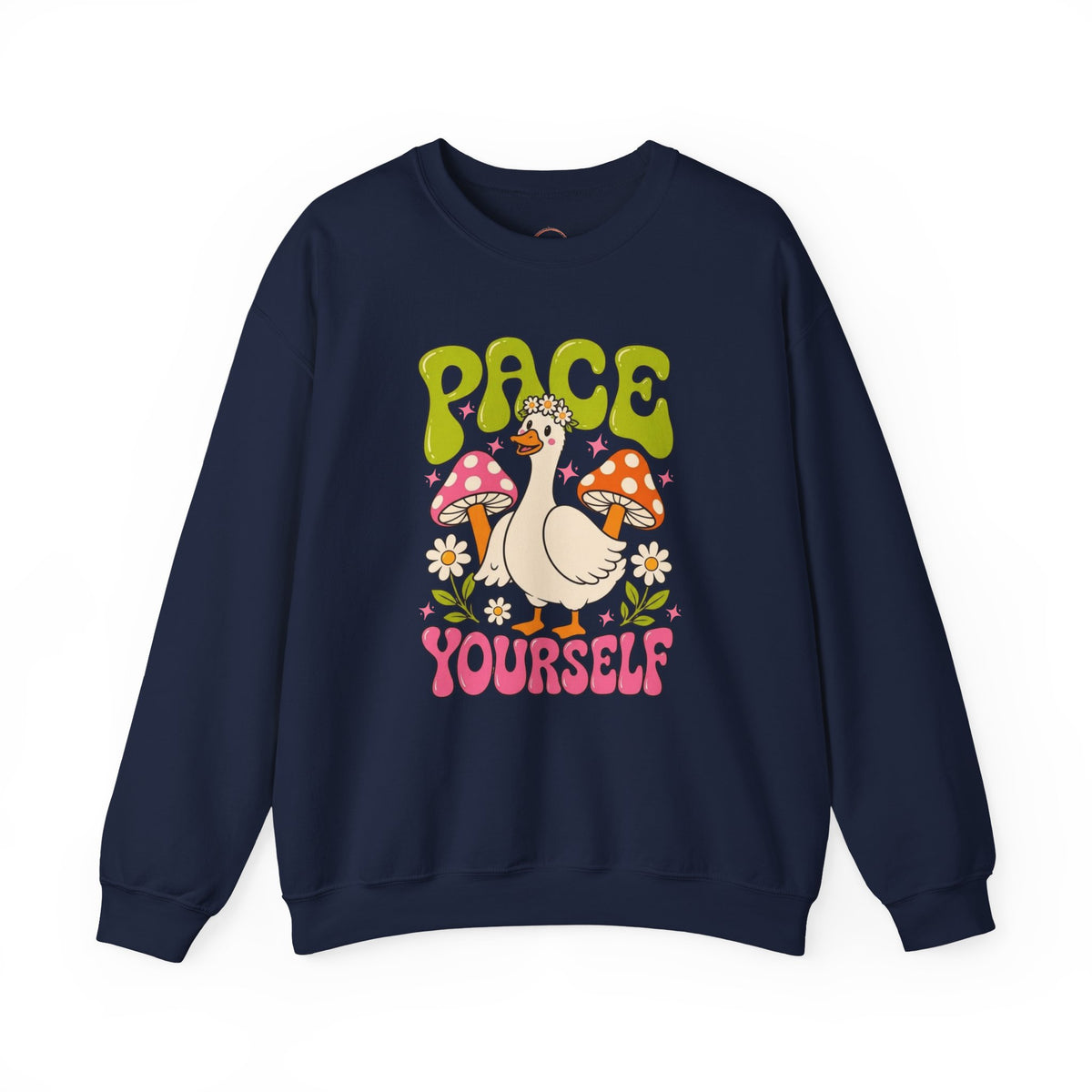 Peace Yourself Crewneck Sweatshirt — Retro Duck & Mushrooms Graphic