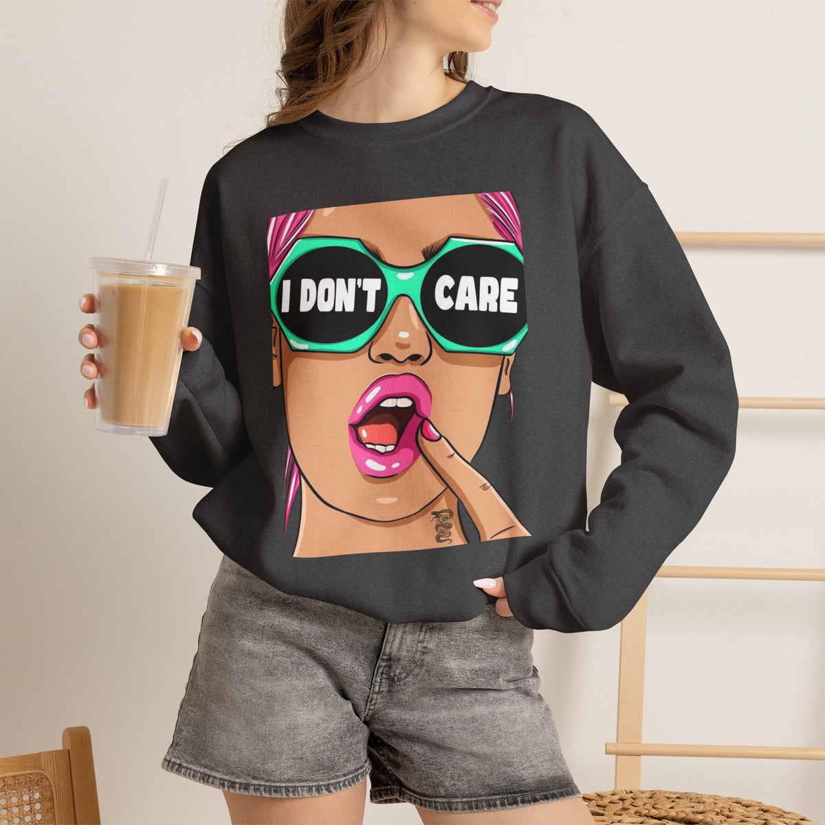 “I Don’t Care” Pop Art Crewneck Sweatshirt