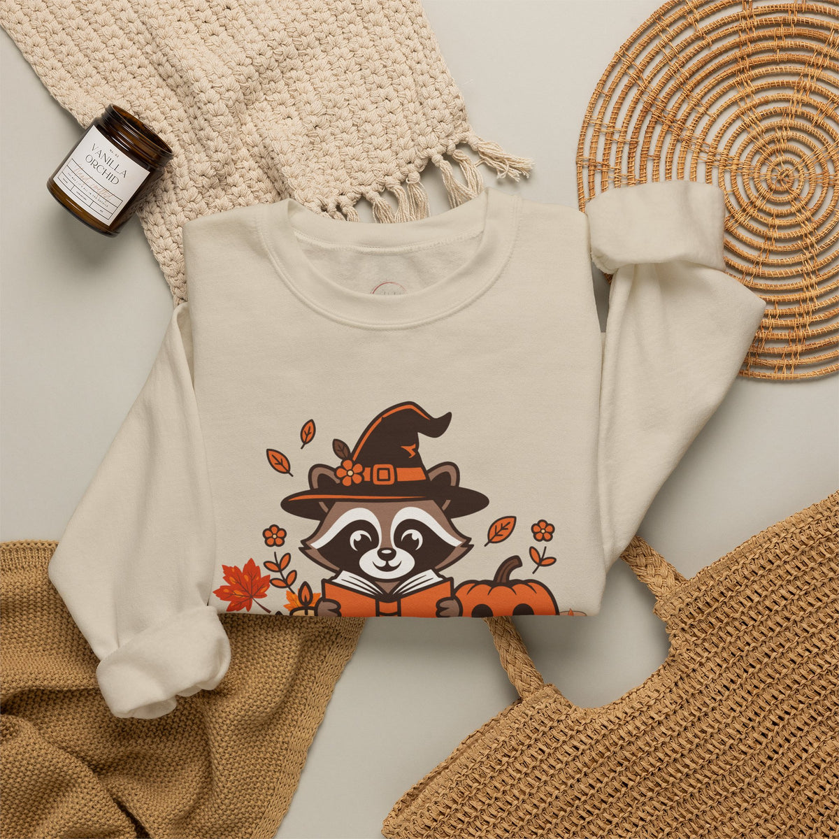 Halloween Raccoon Witch Sweatshirt – Cute Pumpkin & Spooky Book Crewneck