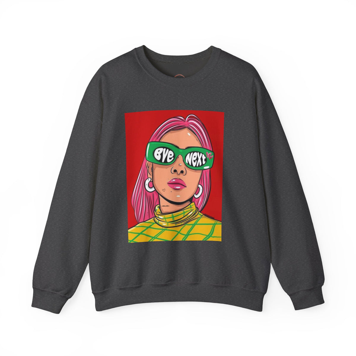 A dark gray crewneck sweatshirt featuring a colorful graphic print of a woman with pink hair, green sunglasses with 'EYE NEX' written on them, and a yellow-green patterned top against a red background.