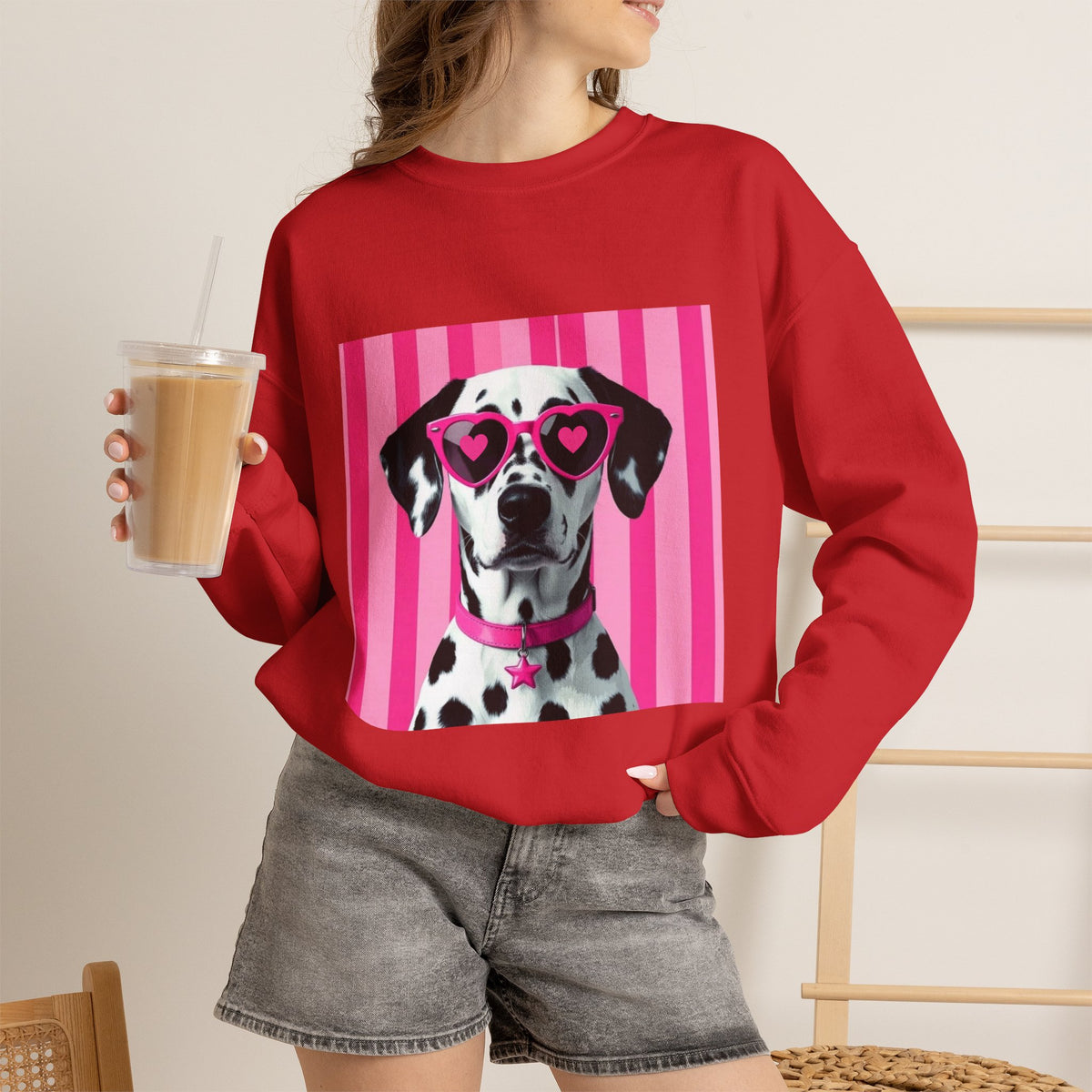 Dalmatian with Heart Sunglasses Sweatshirt — Cute Pink Pet Graphic Crewneck