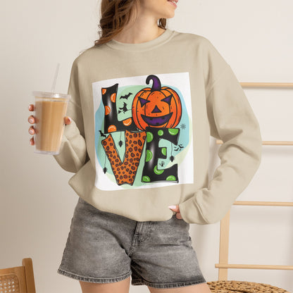 Halloween LOVE Crewneck Sweatshirt — Jack-O'-Lantern & Leopard Print Graphic