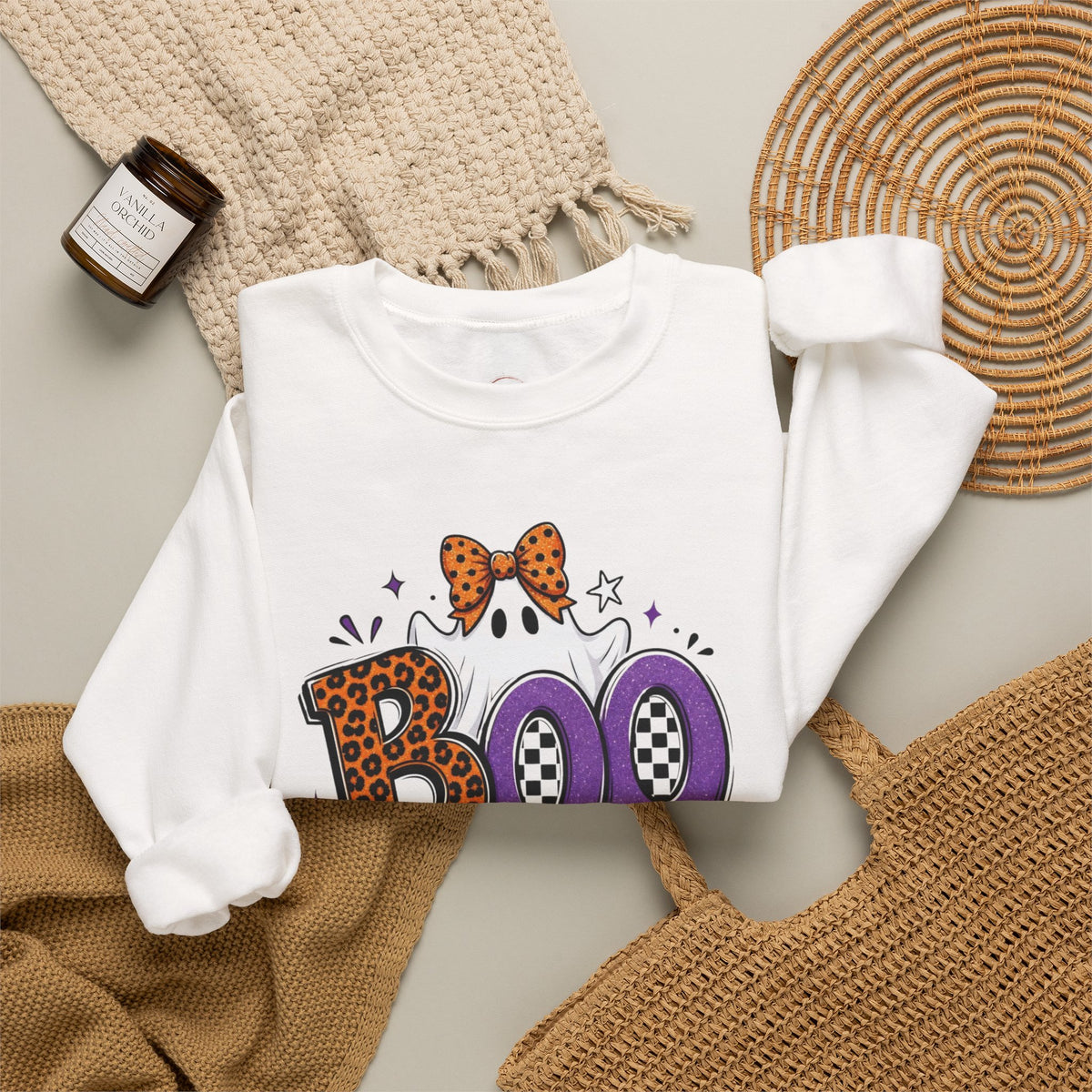 Boo Halloween Sweatshirt — Leopard & Purple Graphic Crewneck