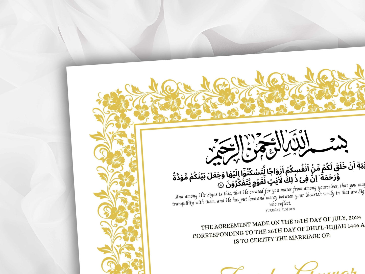 Nikkah Certificate Template, Traditional Islamic Wedding Agreement, Marriage Contract Wedding, Marriage Certificate Template, A4, A3. NN261