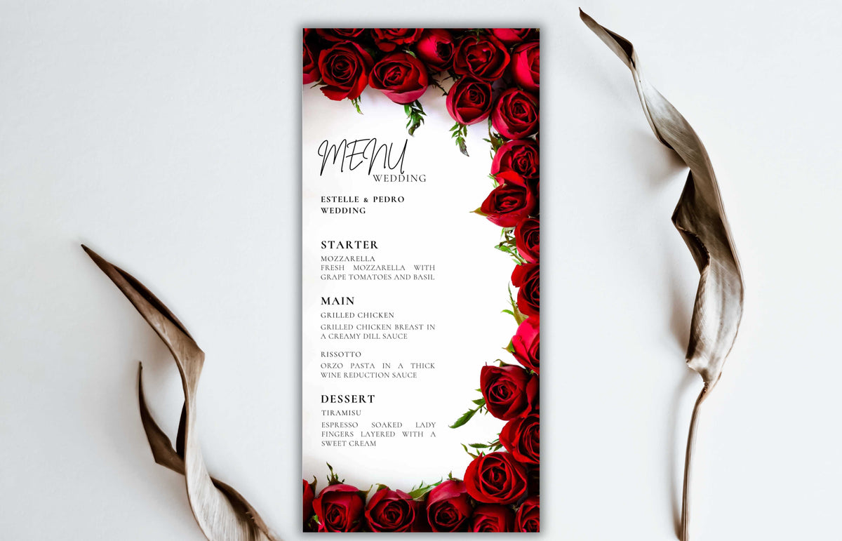 Wedding Menu Template Download, Red Rose Wedding Menu Card, Red Menu Template, Wedding Menu, Modern Dinner Menu, Instant Download, WS53