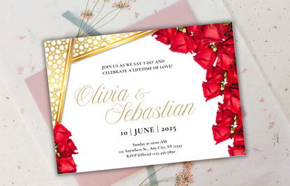 Elegant Red Roses Wedding Invitation - Editable Digital Template for Print - Customizable Romantic Wedding Invitation. WIB74