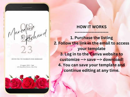 Red Rose Wedding Invitation, Electronic Wedding Invite Template , Minimalist Evite, Red Rose Wedding Evite, Templett. WEI41