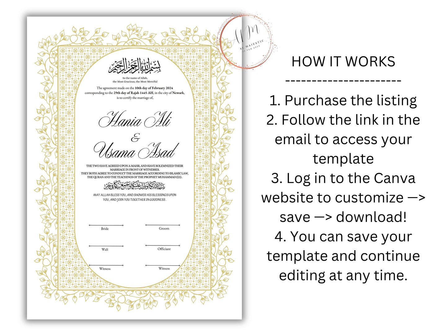 Gold Nikkah Contract Template, Gold Islamic Marriage, Contract Nikkah Certificate, Gold Nikahnama, Personalised Names, A4, A3. NN208