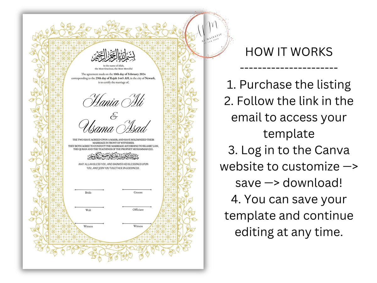 Gold Nikkah Contract Template, Gold Islamic Marriage, Contract Nikkah Certificate, Gold Nikahnama, Personalised Names, A4, A3. NN208