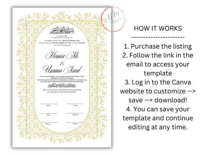 Gold Nikkah Contract Template, Gold Islamic Marriage, Contract Nikkah Certificate, Gold Nikahnama, Personalised Names, A4, A3. NN208