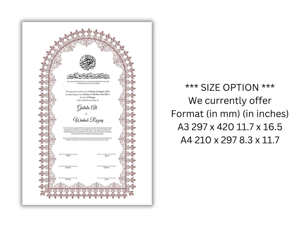 A4 / A3 Nikkah Contract Template, Islamic Wedding Certificate, Nikkahnama Digital Customized. NN159