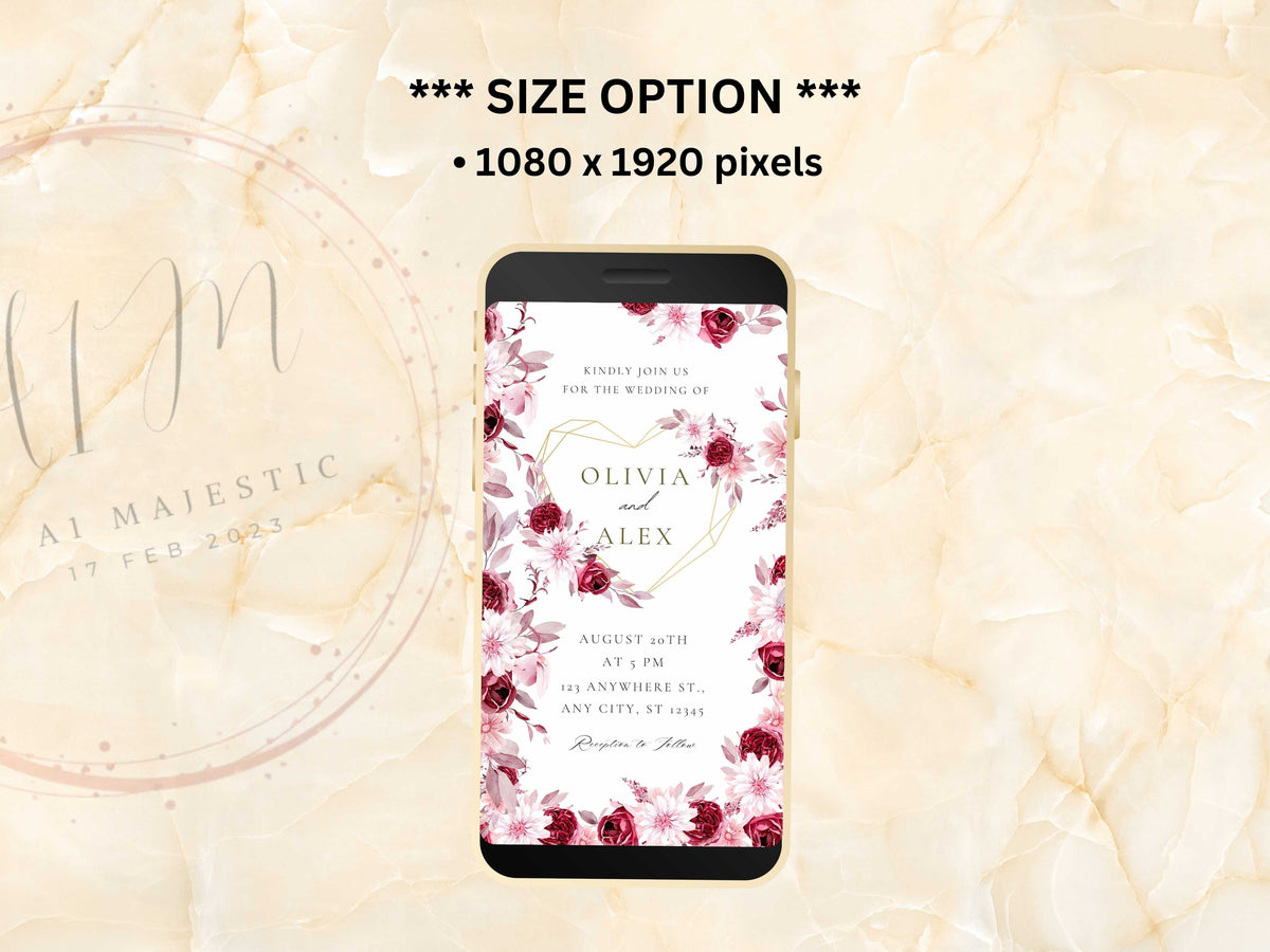 Pink Rose Wedding Evite Template, Electronic Wedding Invitation, Pink Rose video Wedding Invitation, Mobile Phone Invite. WEIB24