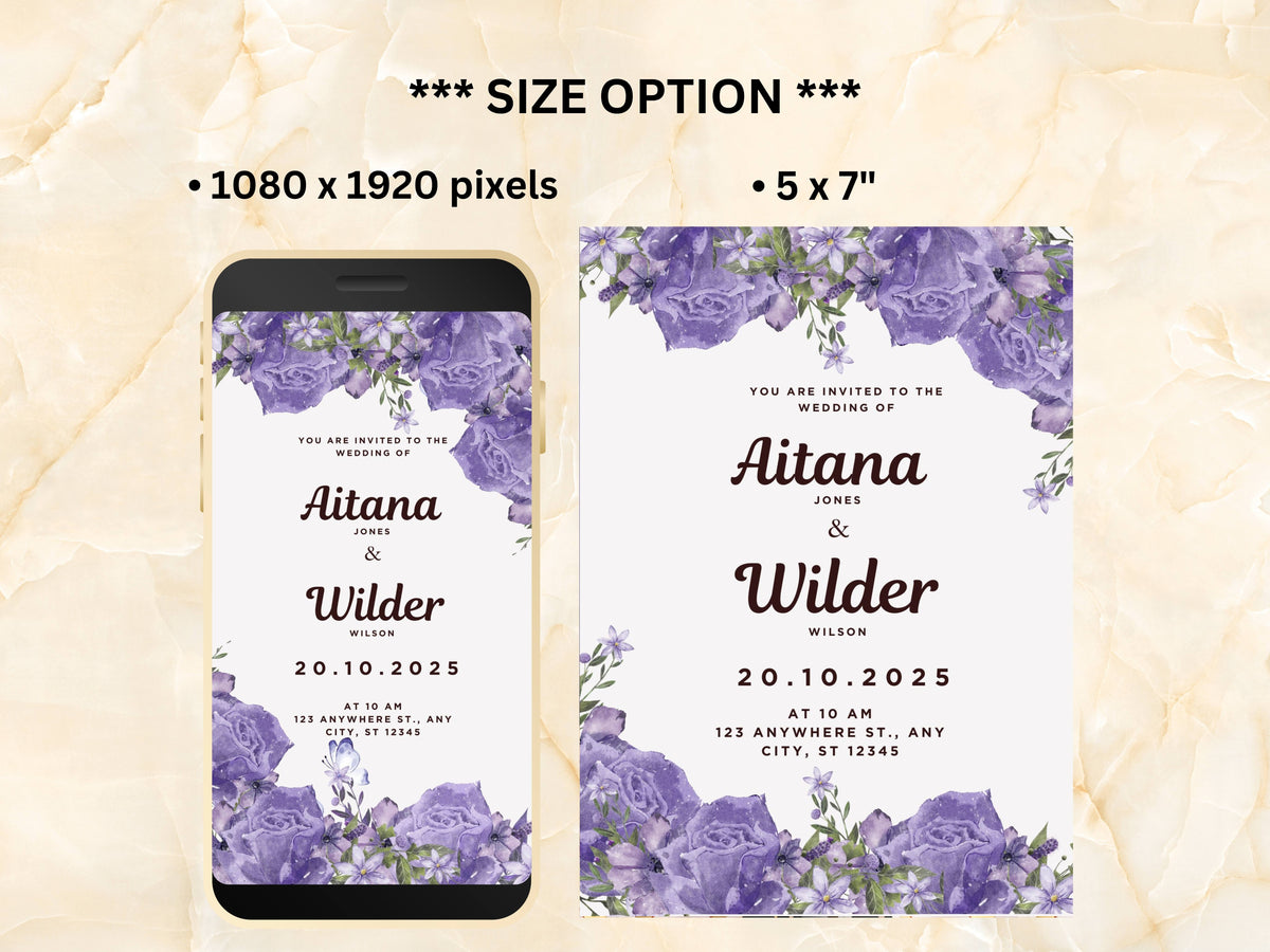 Lilac Floral Wedding Invitation PDF, Online Electronic Invitation, Printable Boho Floral 5 x 7 in Invitation, Invitation Template, WEIB81
