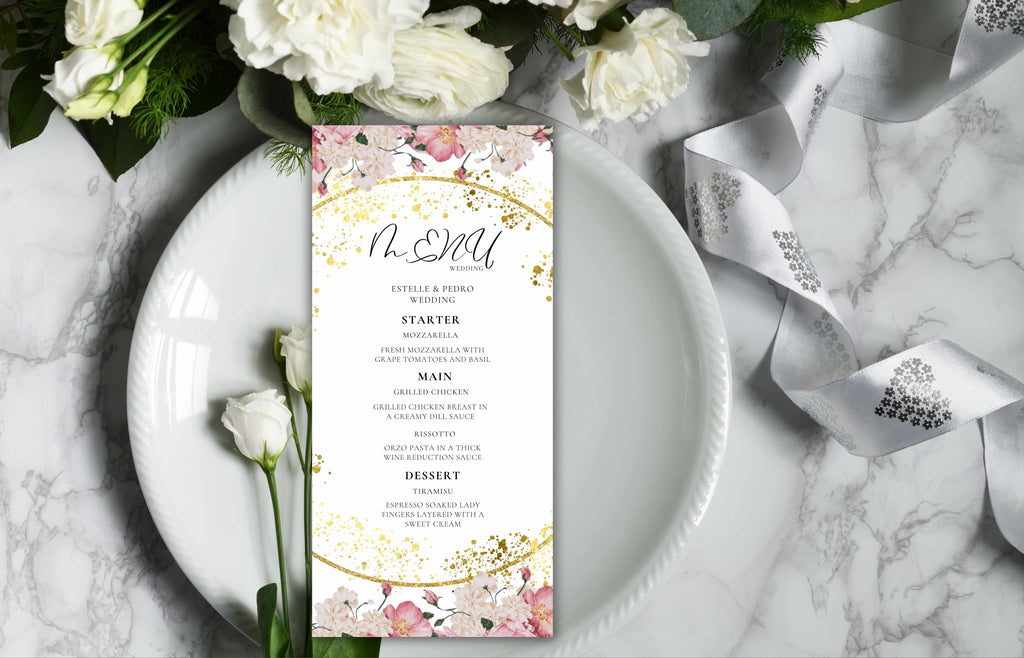 Wedding Menu Template Download, Pink Rose Wedding Menu Card, Menu Template, Wedding Menu, , Modern Dinner Menu, Instant Download, WS50