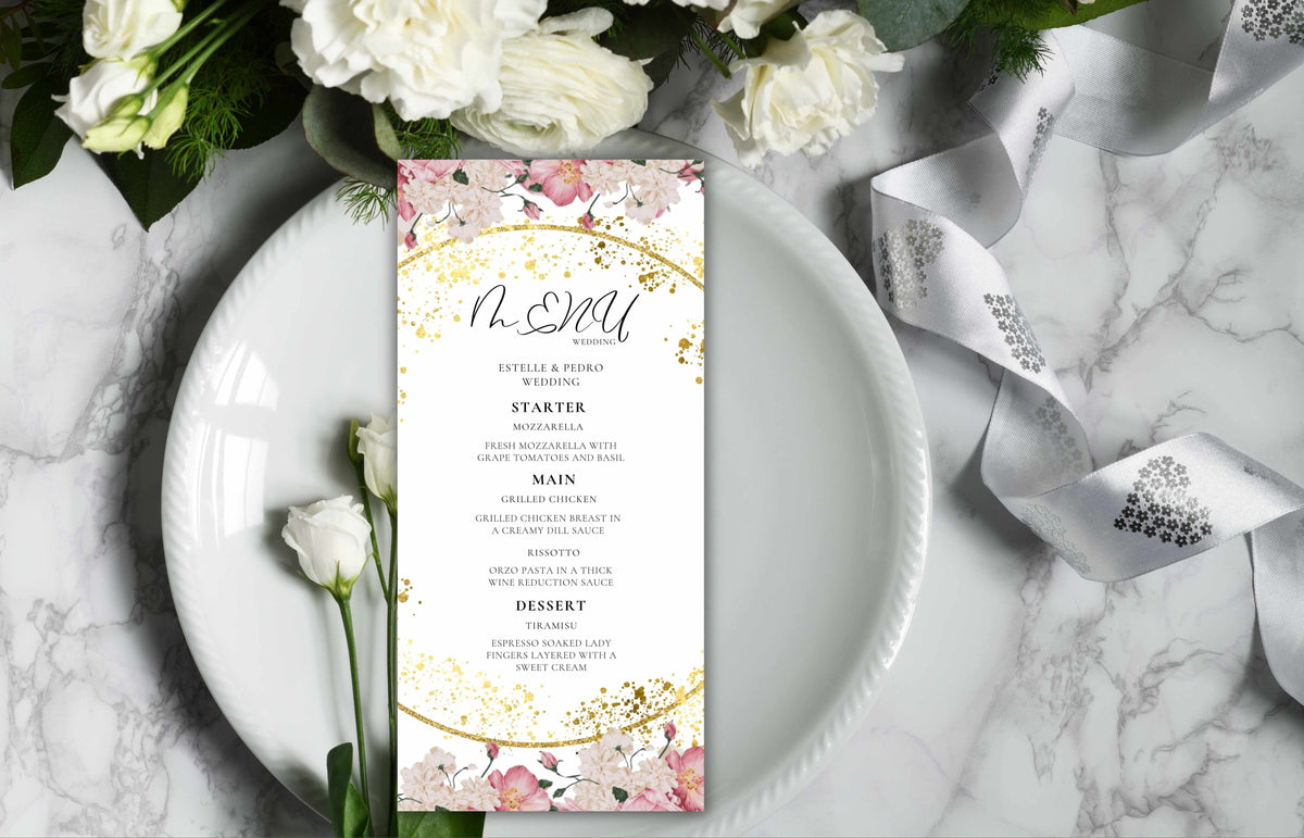 Wedding Menu Template Download, Pink Rose Wedding Menu Card, Menu Template, Wedding Menu, , Modern Dinner Menu, Instant Download, WS50