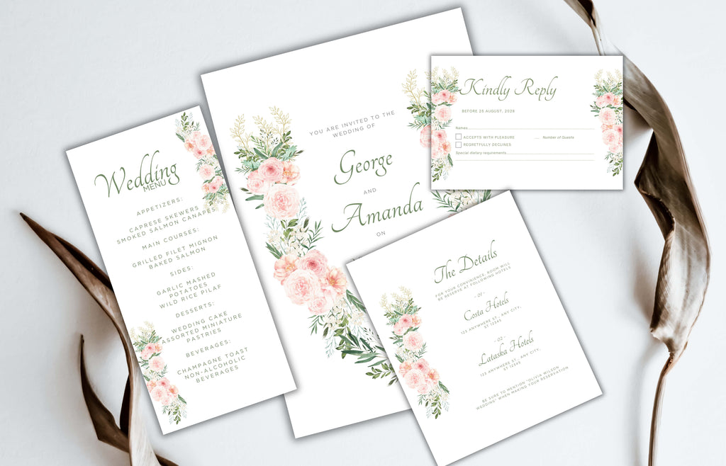 Blush Pink Rose Wedding Invitation, Boho Pink Sage Elegant Wedding Invite, Editable Floral Greenery Wedding Invitation. WEIB118
