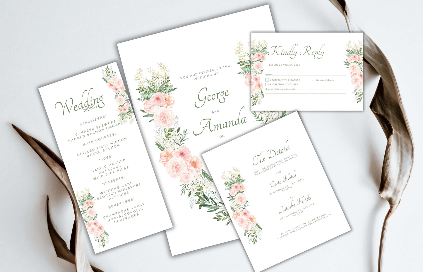 Blush Pink Rose Wedding Invitation, Boho Pink Sage Elegant Wedding Invite, Editable Floral Greenery Wedding Invitation. WEIB118