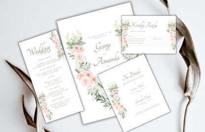 Blush Pink Rose Wedding Invitation, Boho Pink Sage Elegant Wedding Invite, Editable Floral Greenery Wedding Invitation. WEIB118