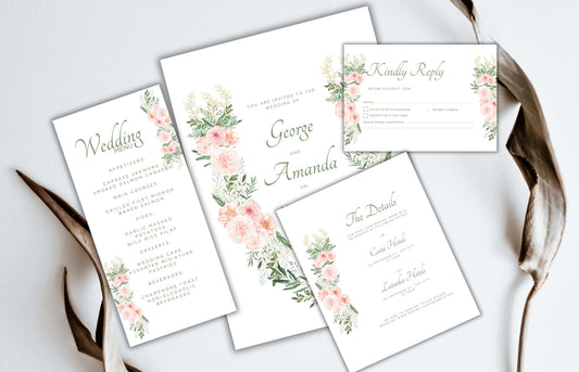 Blush Pink Rose Wedding Invitation, Boho Pink Sage Elegant Wedding Invite, Editable Floral Greenery Wedding Invitation. WEIB118