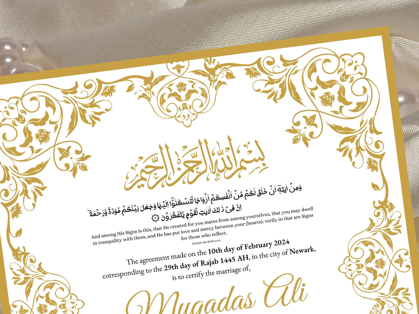 Luxury Nikkah Certificate, Premium A4 Islamic Wedding Contract, Nikkah Nama, Muslim Marriage Certificate, Personalised Names, A4, A3. NN46