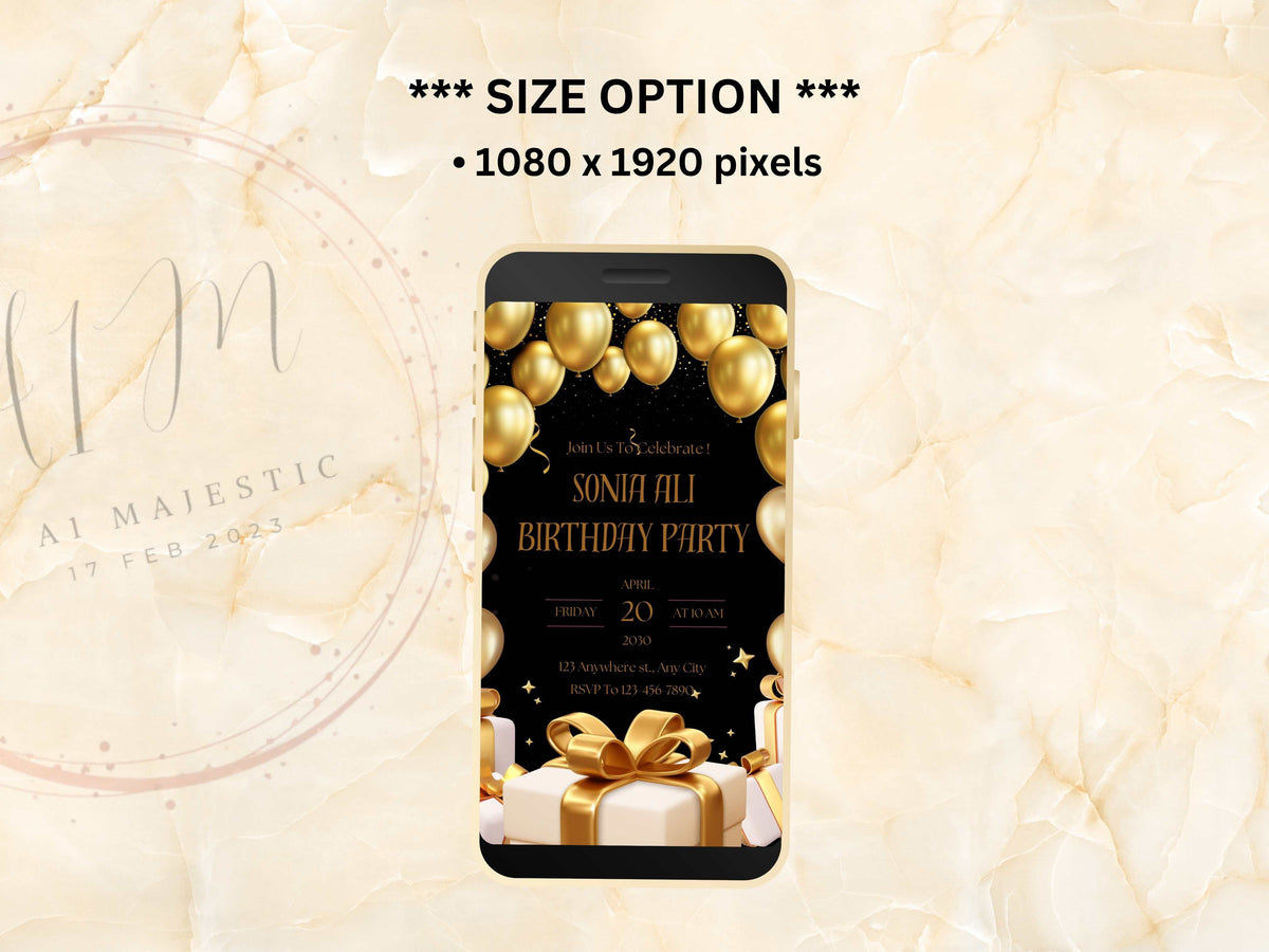 Gold Balloon Birthday Party, Digital Invitation, Text Invitation Black & Gold instant download, Printable, Shareable, Black theme. WEI50