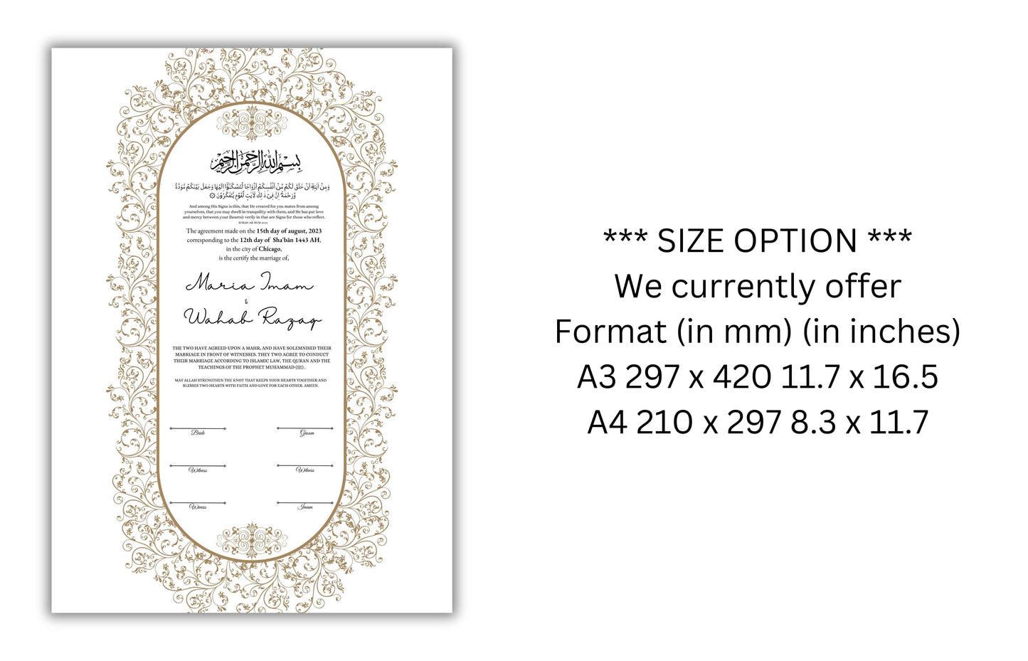 A4/A3 Nikkah Contract, Digital Printable Personalised Customised Nikkah Certificate, Digital Download, Islamic Marriage Contract. NN150