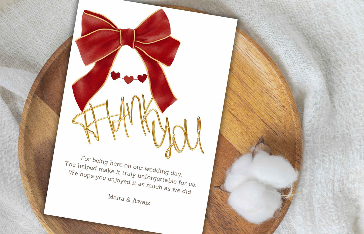 Bow Wedding Thank you Card, Ribbon Thank you Template, Red and White, Coquette Marriage Template, Minimalist Design. WS47