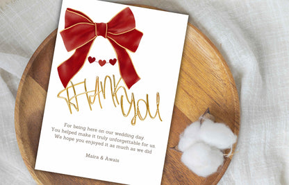 Bow Wedding Thank you Card, Ribbon Thank you Template, Red and White, Coquette Marriage Template, Minimalist Design. WS47