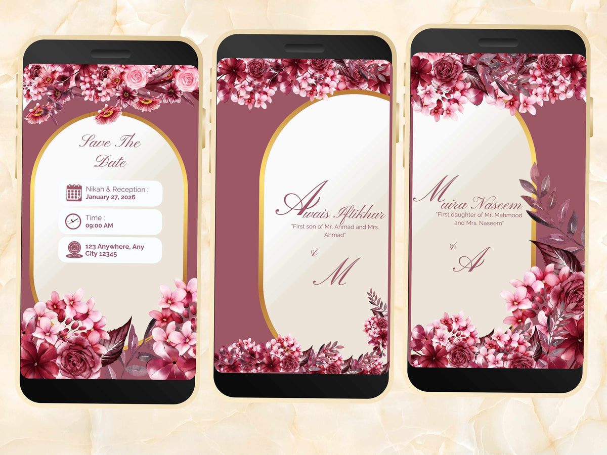 Wedding Invitation, Online Invitation Template, Maroon E-Invite, Electronic Invitation, Digital Burgundy Rose Wedding Invitation. WEI55