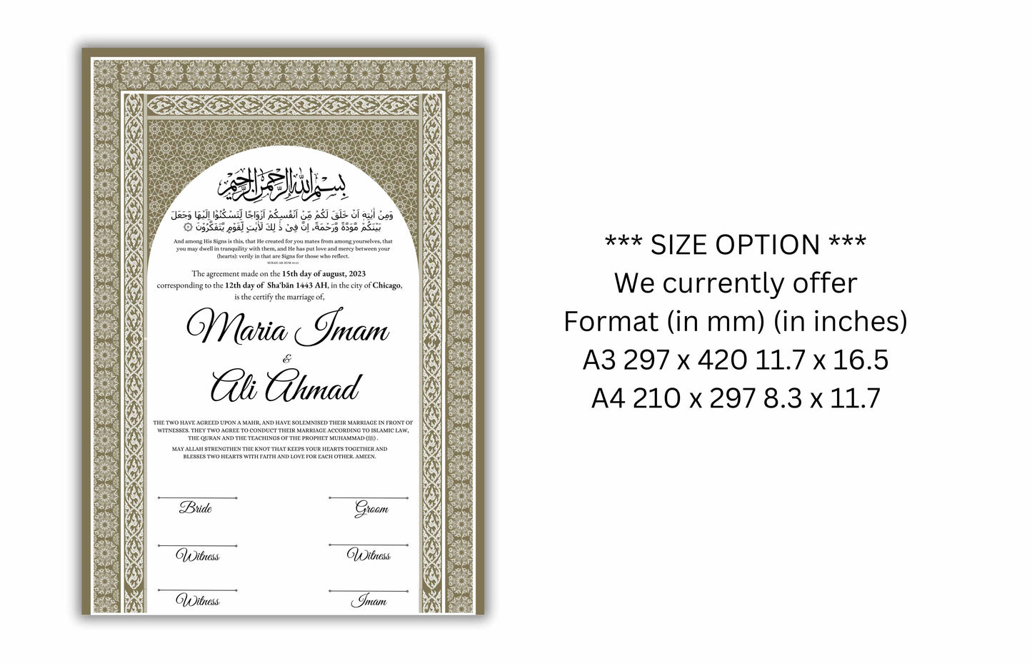 Luxury Nikkah certificate ,A3/a4 Nikkah Nama, Nikah , Islamic wedding contract, Muslim Marriage Certificate, Personalised Names. NN138