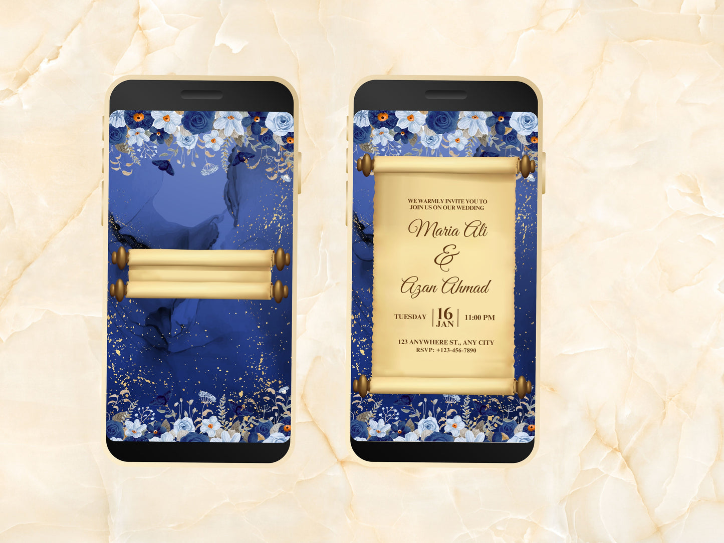 Wedding Evite, Animated Wedding Invitation, Blue Floral Wedding Invite, Electronic Wedding Invite, Wedding Invite, Mobile Invitation. WEIB89