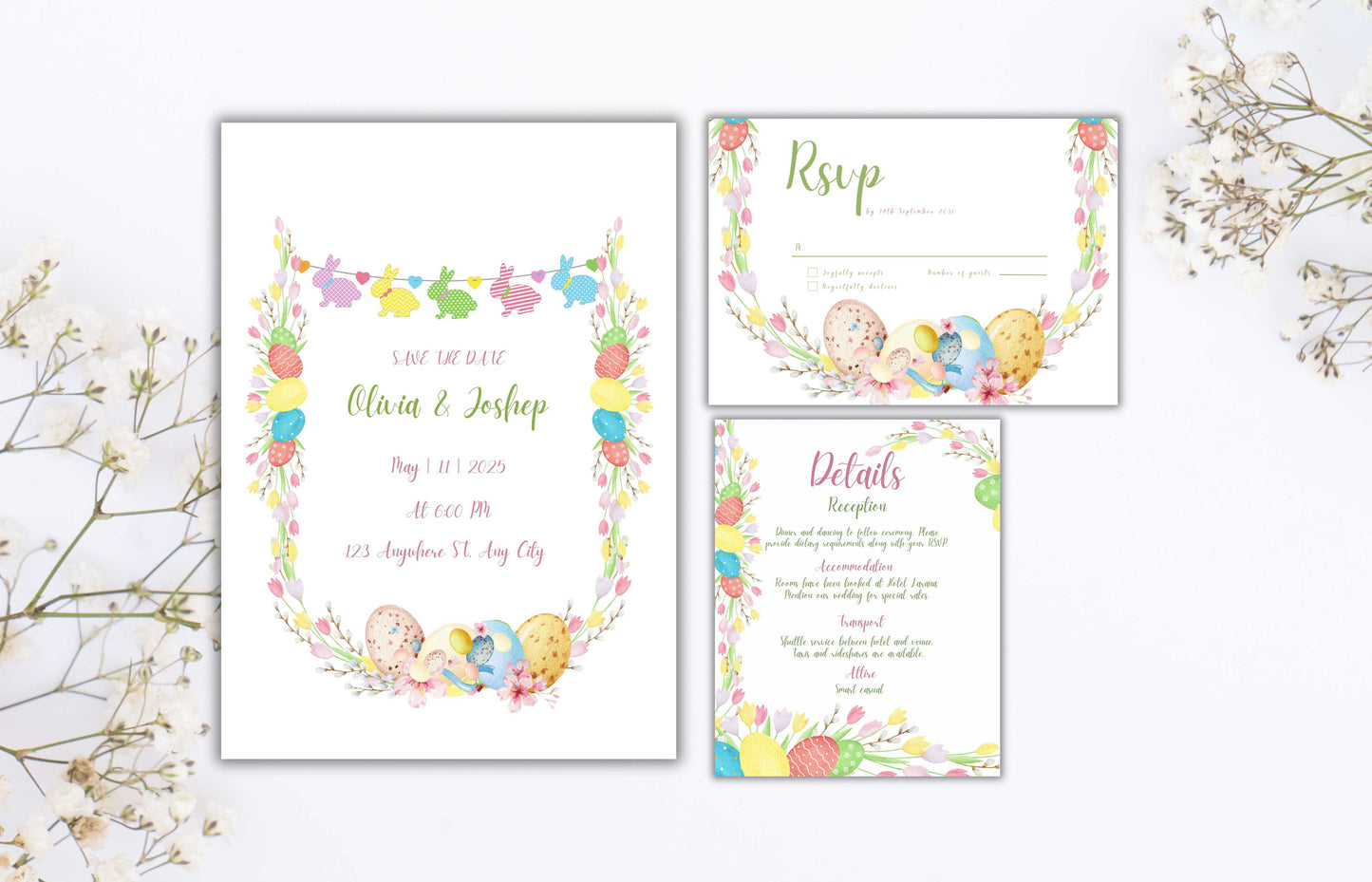 Easter Wedding Invitation Suite, Colorful Wedding Invitation Template, Editable Template, Floral invitation, Easter Wedding Bundle. WSB64