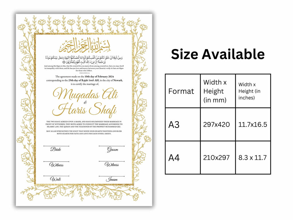 Gold Floral Nikkah Certificate Digital Download Personalised, A4, A3, Template, Instat Download. NN206