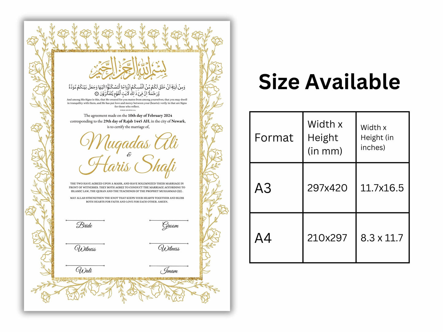 Gold Floral Nikkah Certificate Digital Download Personalised, A4, A3, Template, Instat Download. NN206