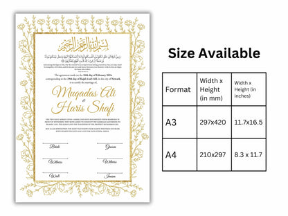 Gold Floral Nikkah Certificate Digital Download Personalised, A4, A3, Template, Instat Download. NN206