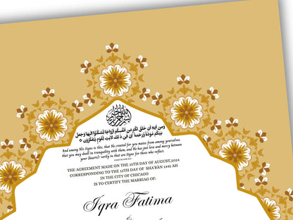 Customized Nikkah Certificate, A4/A3 Contract Digital Nikah Nama, Islamic Marriage Certificate, Muslim Marriage Contract Gold.NN228