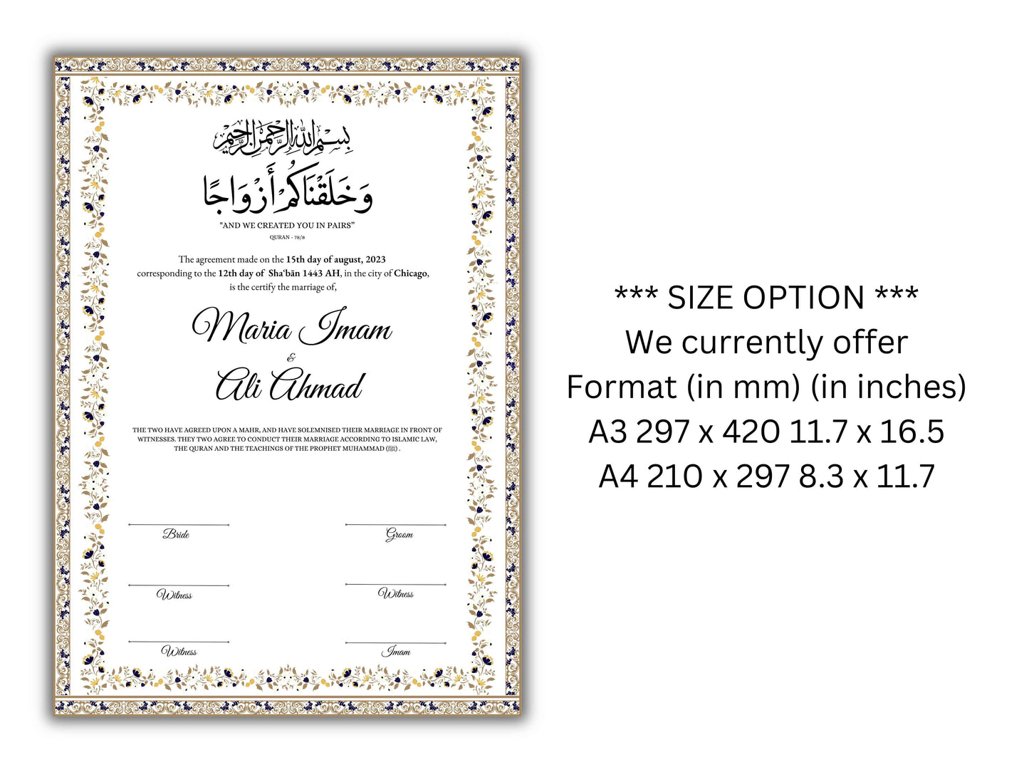 A4/A3 Nikkah Certificate Digital , Nikkah Contract Template, Muslim Marriage Certificate, Editable Wedding Agreement Gift. 146