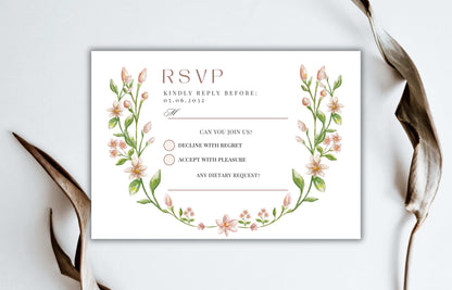 Ribbon Bow Wedding invitation Pink Green floral wedding invite, Spring summer wedding invitation suite, RSVP, Details Card, Editable WIB82