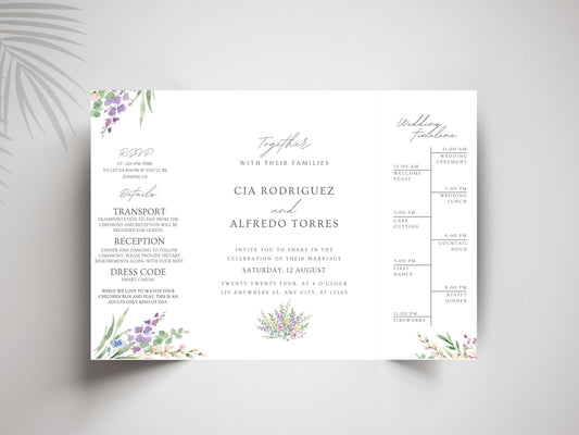 Elegant Floral Gatefold Wedding Invitation | Modern Minimalist Invite | Rustic Boho Wedding Card with Timeline & RSVP Details. WI131