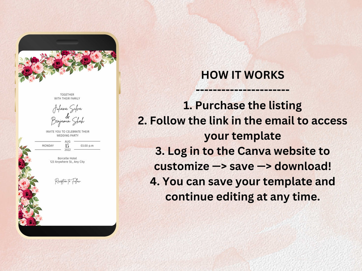 Wedding Evite Template, Electronic Wedding Invitation, Pink Flower Digital Wedding Invitation, Text Message, Mobile Phone Invite. WTD46