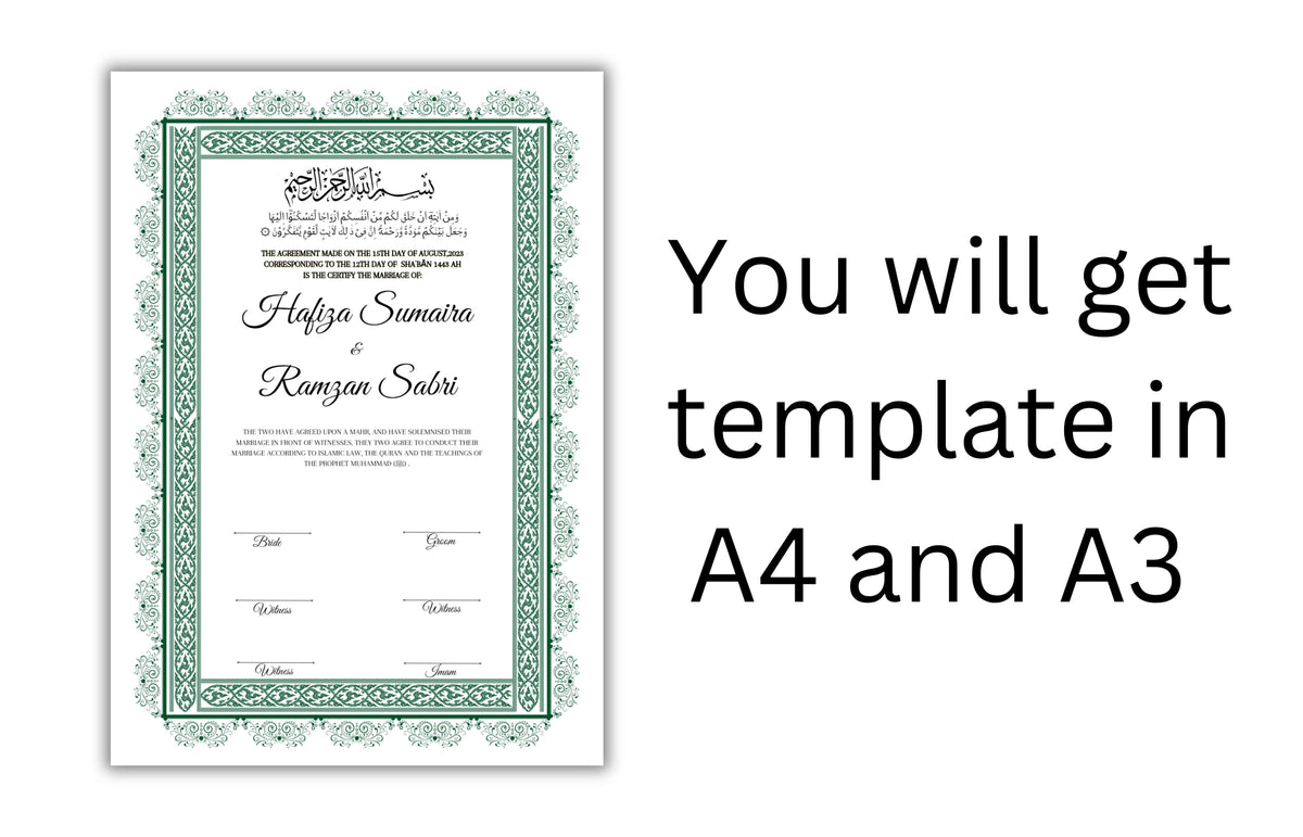 Nikkah Certificate Digital Download Personalised, A4, A3, Template, Instat Download. NN126