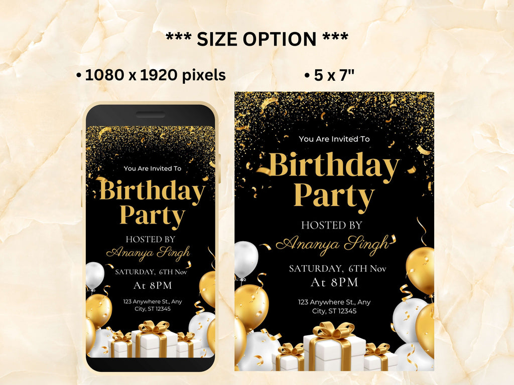Video Birthday Invite Digital, Text Birthday Invite, Animated Birthday Invite, Black Birthday Invitation, 5 x 7 card Invitation. WEIB76