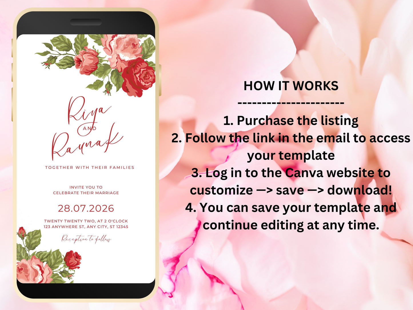 Floral Electronic Save The Date Template, Text Invitation, Minimalist Mobile Invite, Pink Floral Digital Save The Date. WEI32