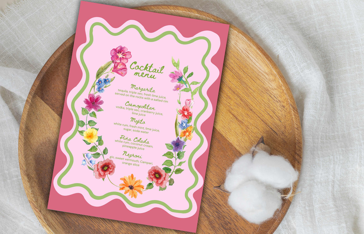 Colorful Floral Cocktail Menu Template, Printable Drinks Sign, Bar Menu Garden Party, Drink Menu, Biotical Wavy Cocktail Menu. WSB39